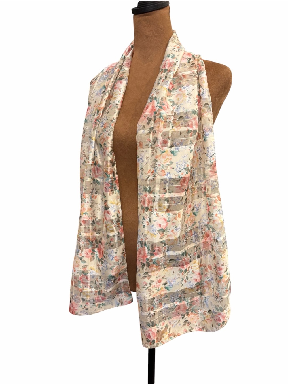Long Scarf Floral Print Sheer Stripes 62x14” Satin Lightweight Shabby Chic